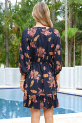 Arlete Mini Dress - Drawstring Waist Shirt Dress with 3/4 Sleeves in Mirjana Print Navy