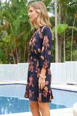 Arlete Mini Dress - Drawstring Waist Shirt Dress with 3/4 Sleeves in Mirjana Print Navy