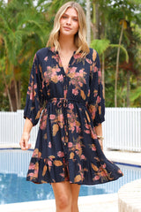 Arlete Mini Dress - Drawstring Waist Shirt Dress with 3/4 Sleeves in Mirjana Print Navy