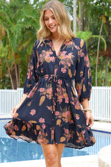Arlete Mini Dress - Drawstring Waist Shirt Dress with 3/4 Sleeves in Mirjana Print Navy