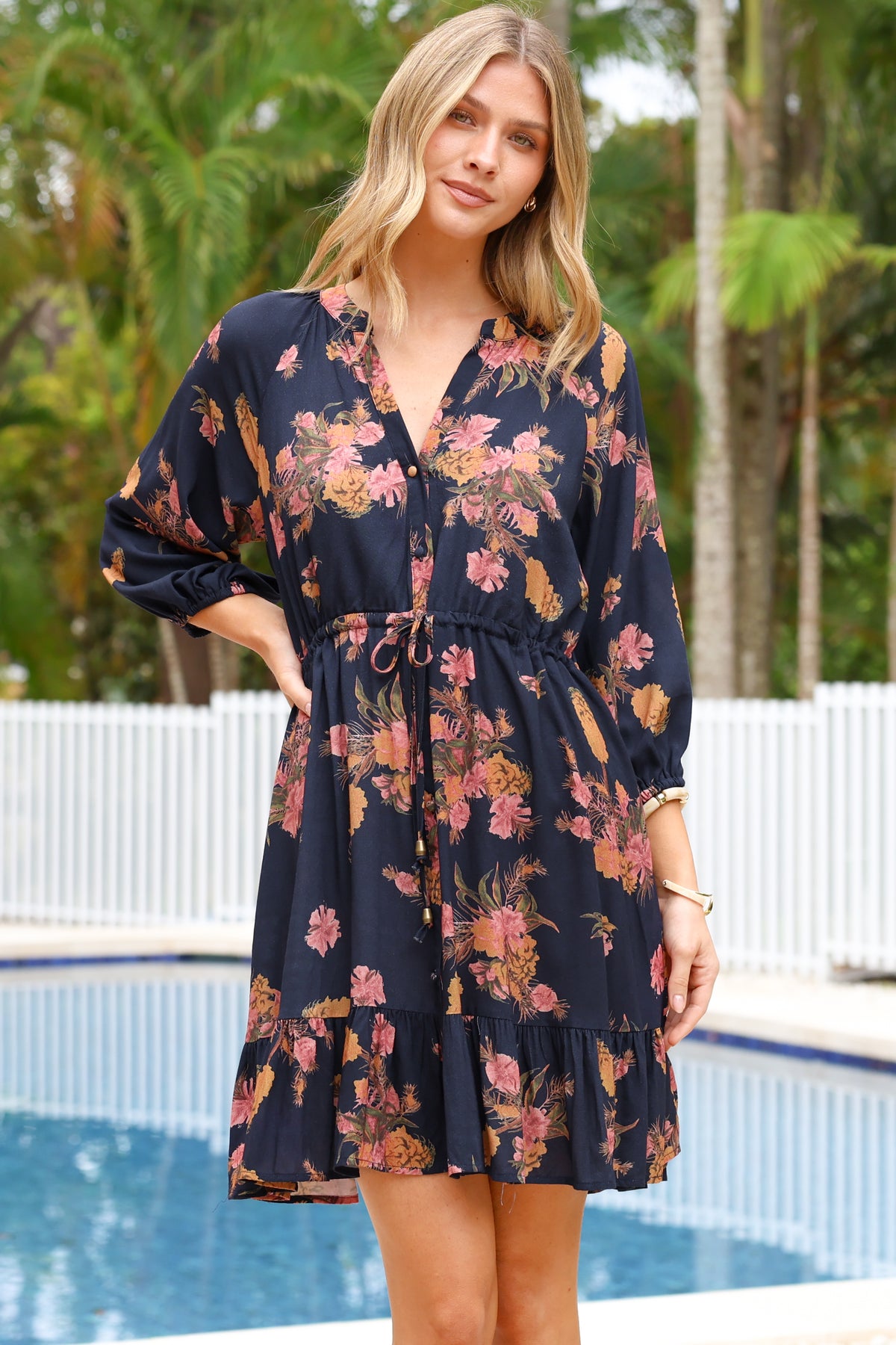 Arlete Mini Dress - Drawstring Waist Shirt Dress with 3/4 Sleeves in Mirjana Print Navy