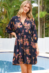 Arlete Mini Dress - Drawstring Waist Shirt Dress with 3/4 Sleeves in Mirjana Print Navy