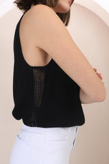 Arlete Top - V Neck Singlet with Lattice Detail Side Seams in Black