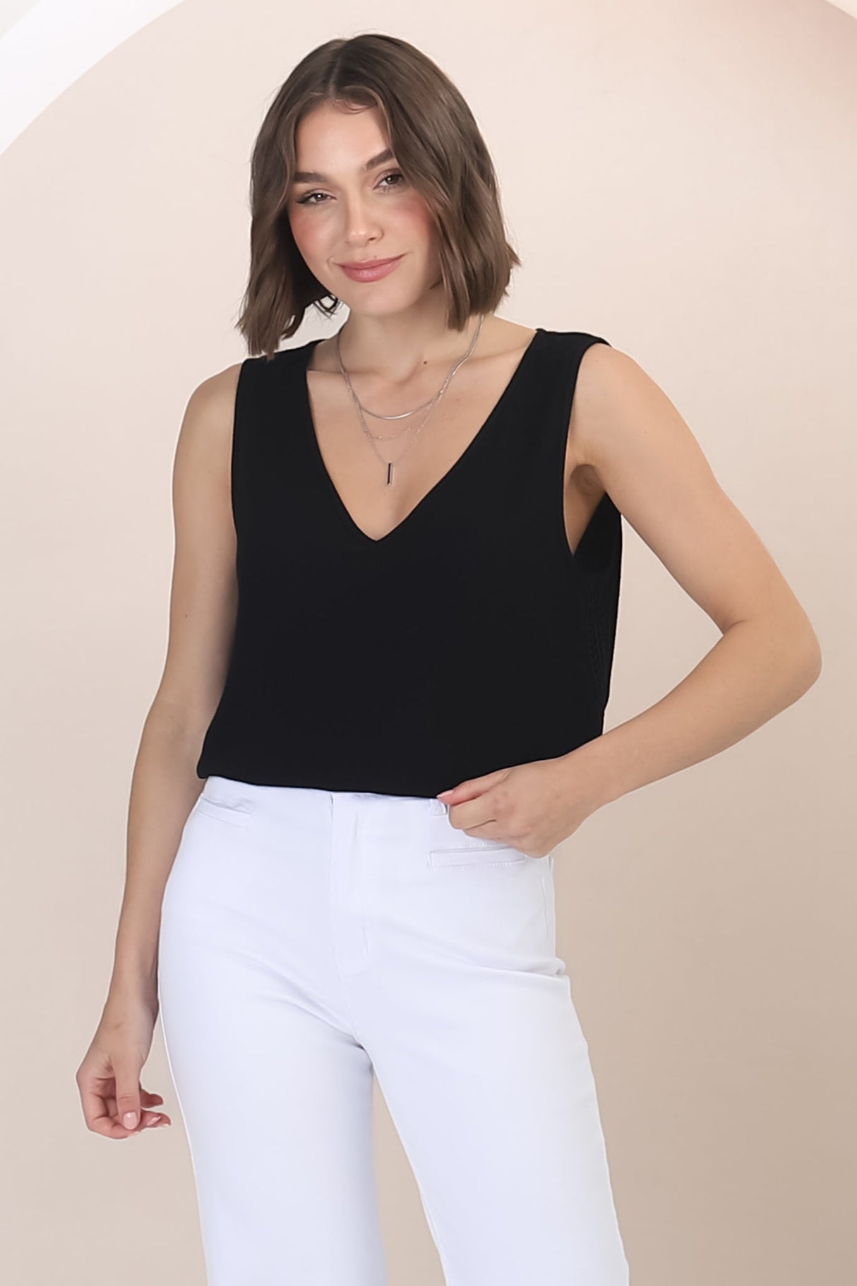 Arlete Top - V Neck Singlet with Lattice Detail Side Seams in Black