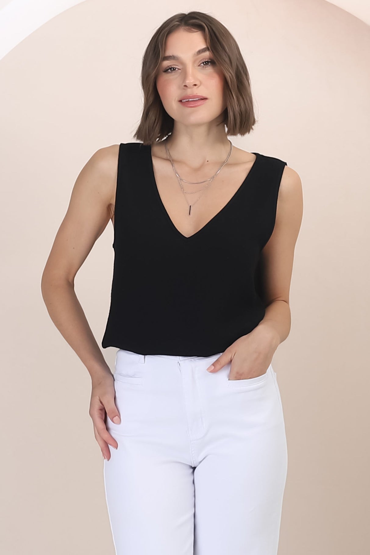 Arlete Top - V Neck Singlet with Lattice Detail Side Seams in Black