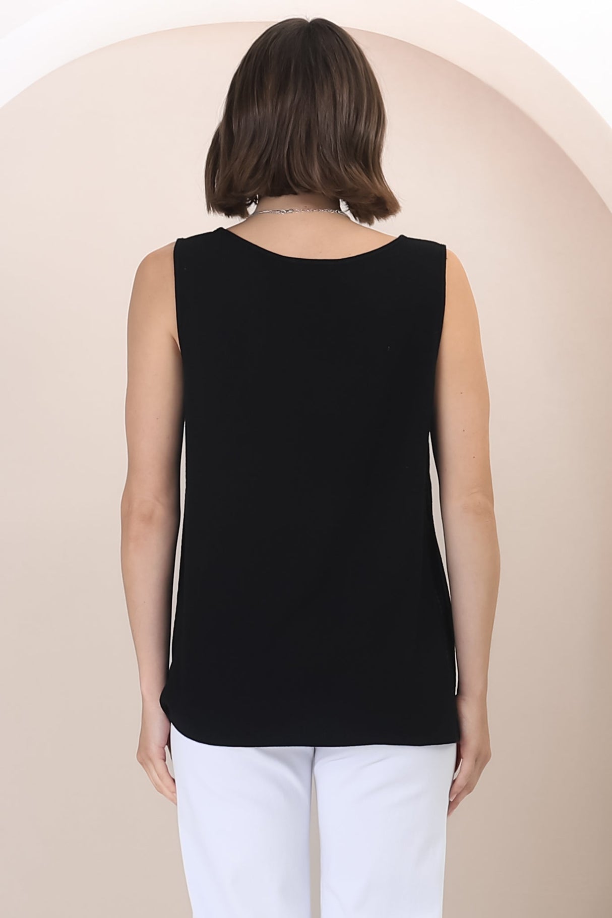 Arlete Top - V Neck Singlet with Lattice Detail Side Seams in Black