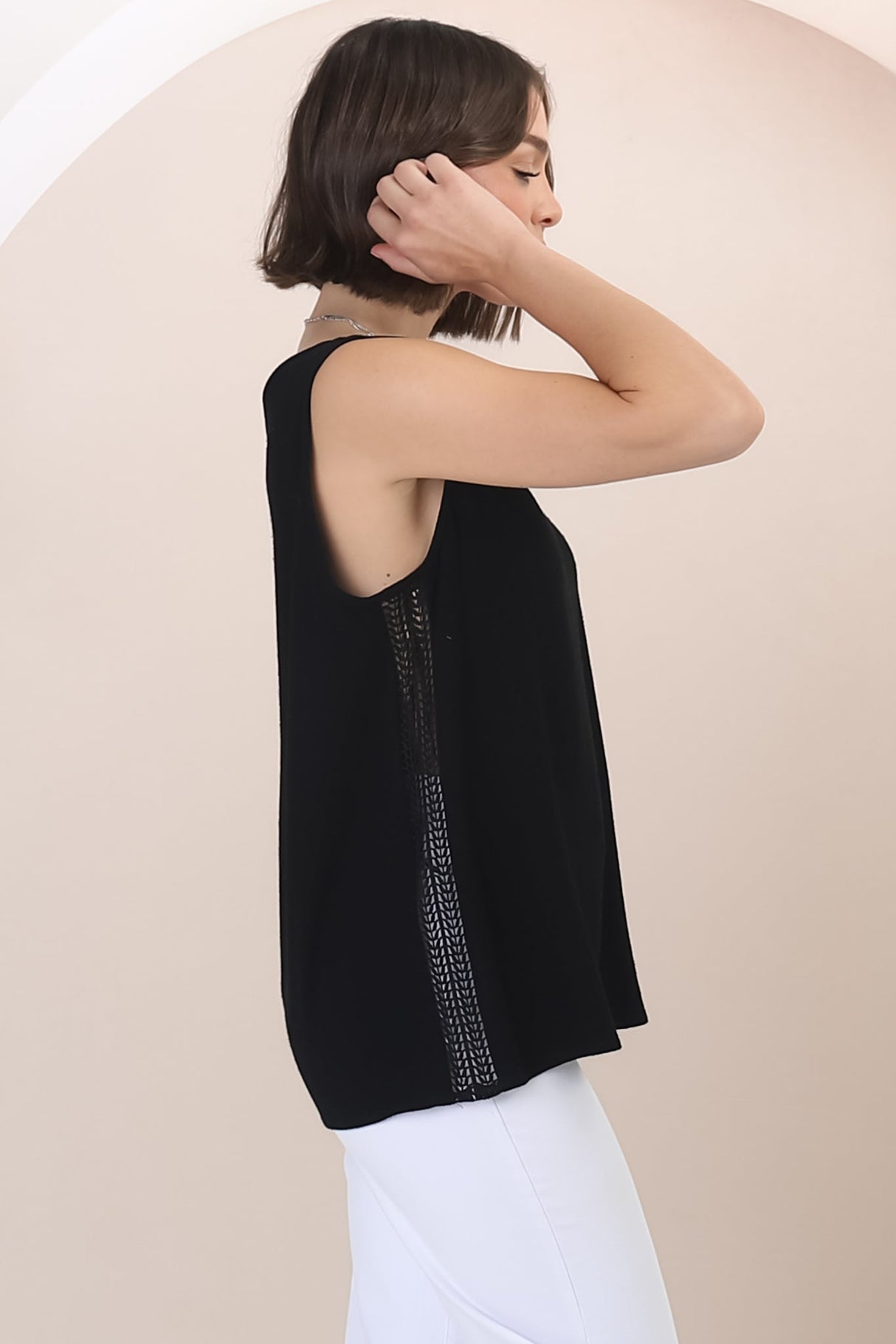 Arlete Top - V Neck Singlet with Lattice Detail Side Seams in Black