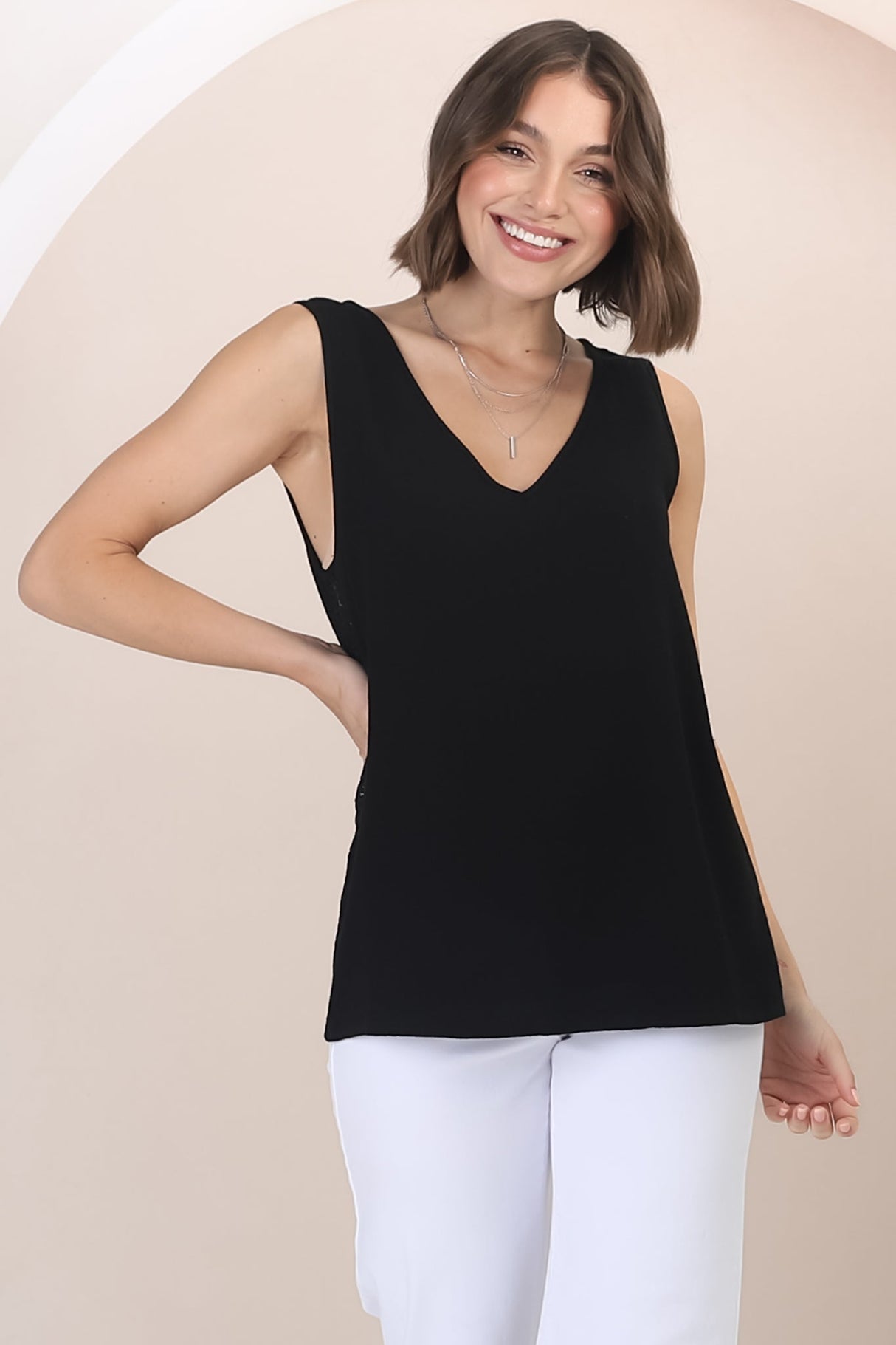 Arlete Top - V Neck Singlet with Lattice Detail Side Seams in Black