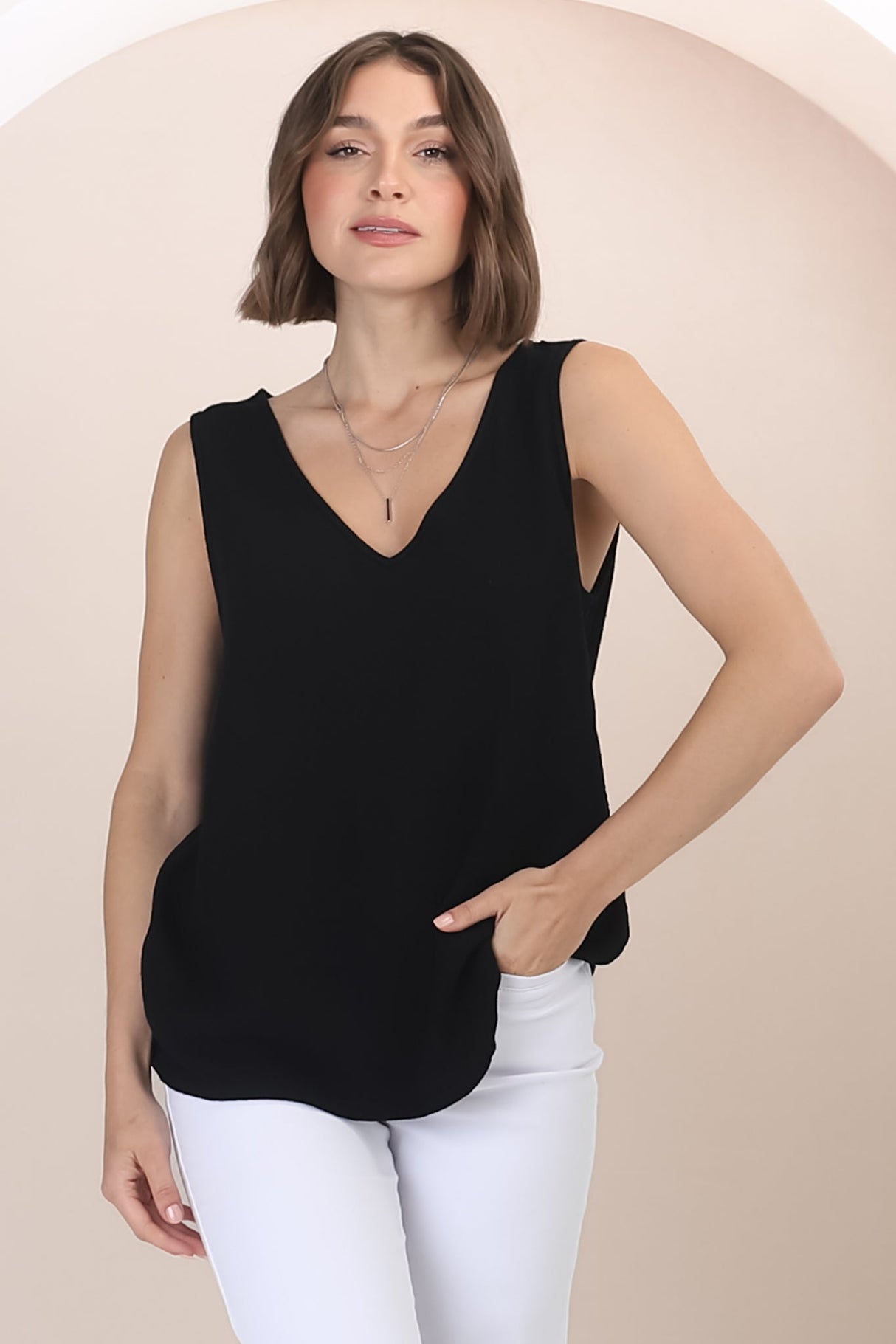 Arlete Top - V Neck Singlet with Lattice Detail Side Seams in Black