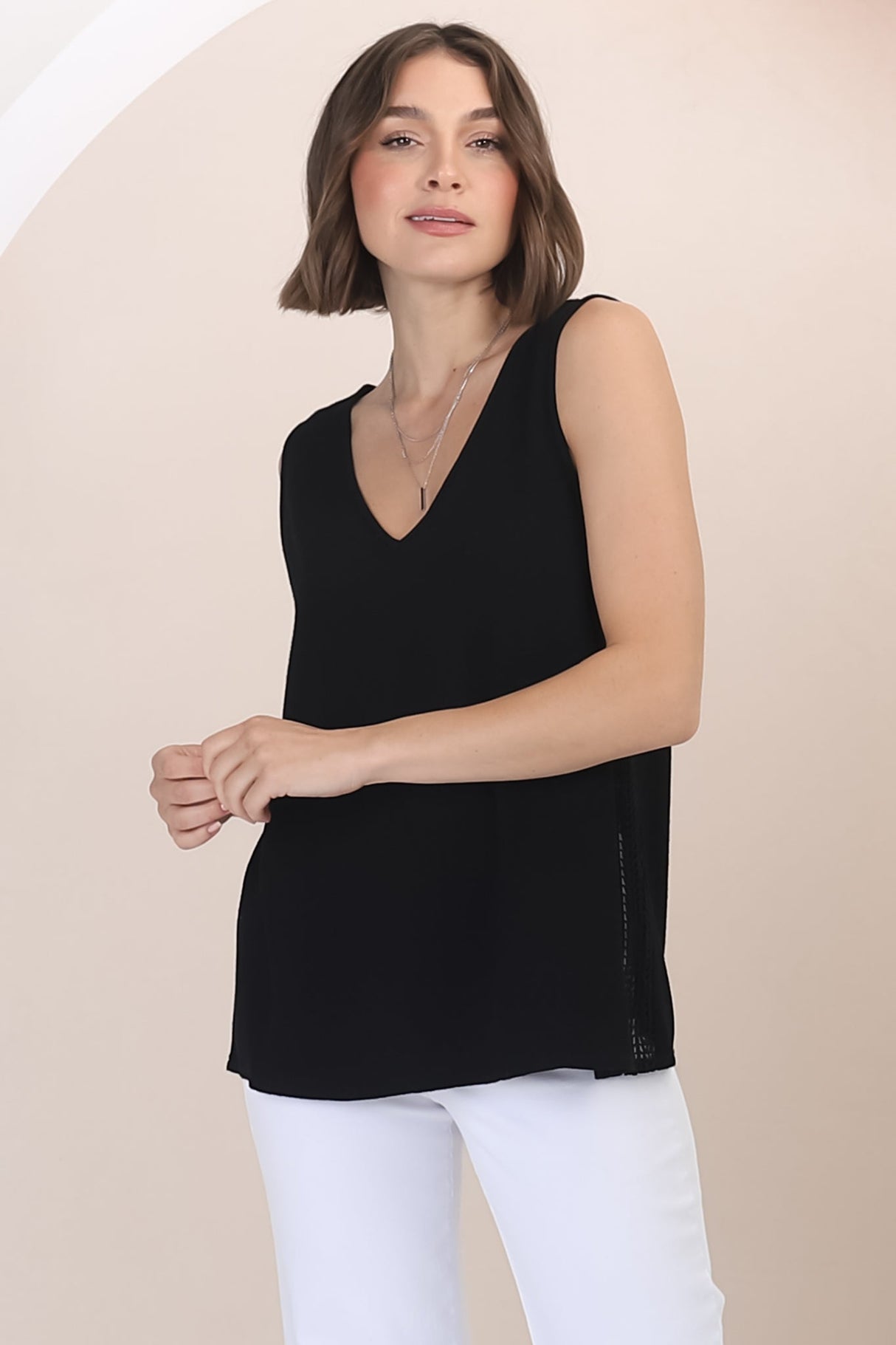 Arlete Top - V Neck Singlet with Lattice Detail Side Seams in Black