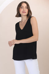 Arlete Top - V Neck Singlet with Lattice Detail Side Seams in Black