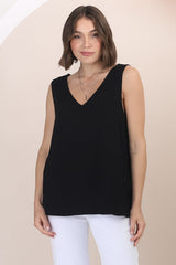 Arlete Top - V Neck Singlet with Lattice Detail Side Seams in Black