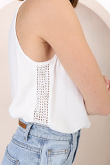 Arlete Top - V Neck Singlet with Lattice Detail Side Seams in White