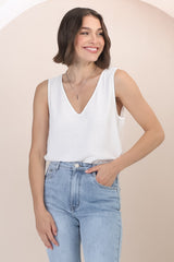 Arlete Top - V Neck Singlet with Lattice Detail Side Seams in White