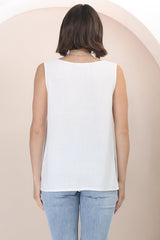 Arlete Top - V Neck Singlet with Lattice Detail Side Seams in White