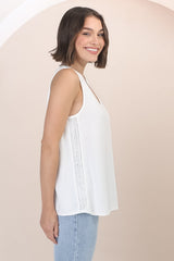 Arlete Top - V Neck Singlet with Lattice Detail Side Seams in White