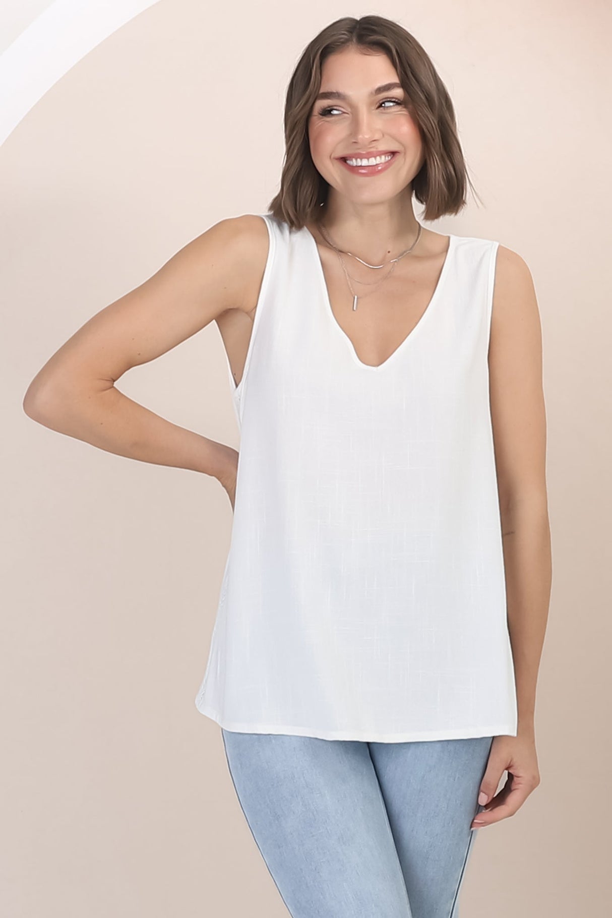 Arlete Top - V Neck Singlet with Lattice Detail Side Seams in White