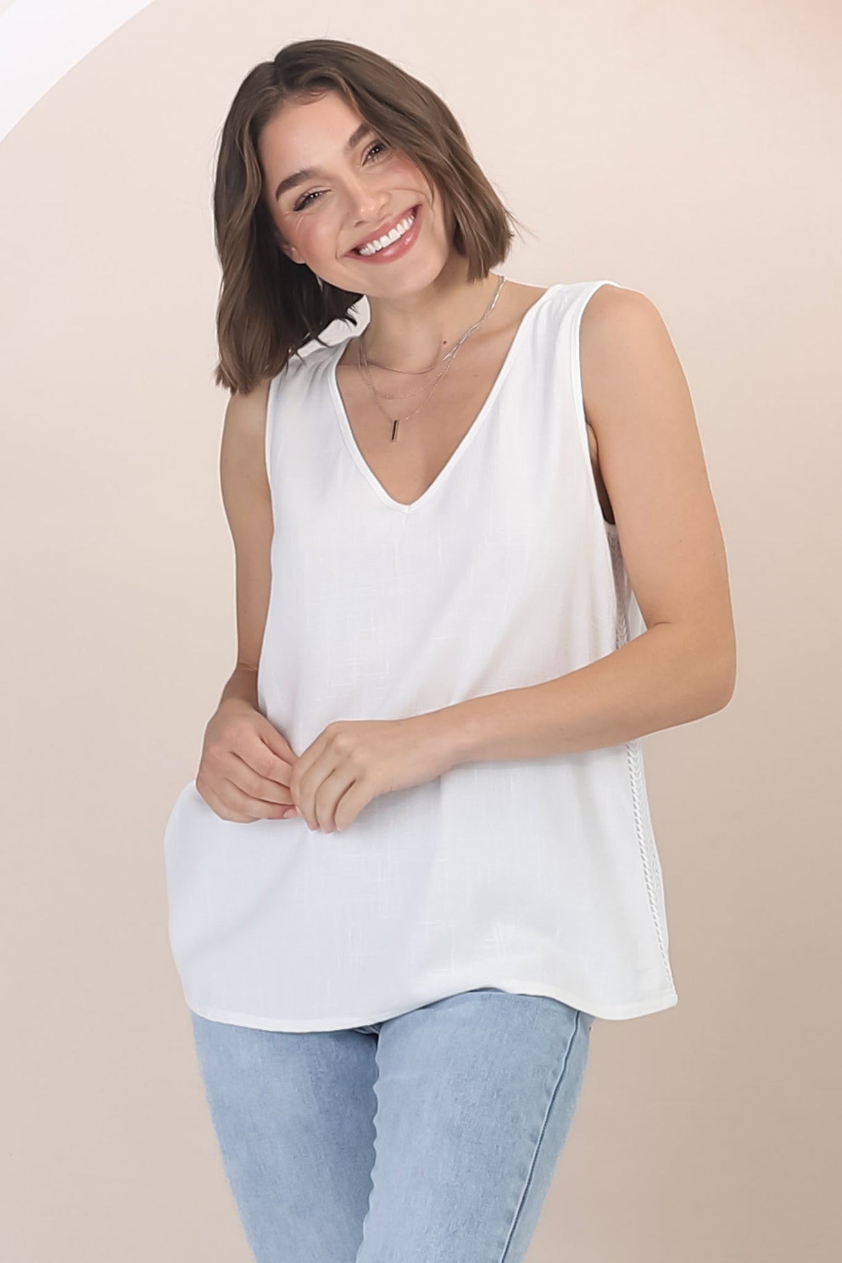 Arlete Top - V Neck Singlet with Lattice Detail Side Seams in White