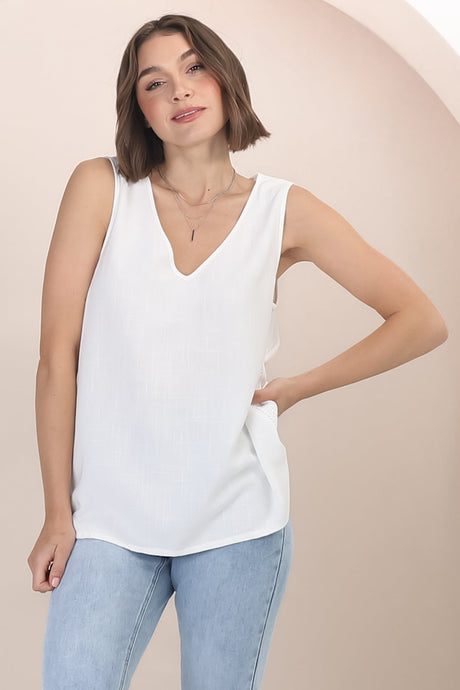 Arlete Top - V Neck Singlet with Lattice Detail Side Seams in White