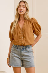 Alettie Blouse - Frill Collar Balloon Sleeve Button Down in Caramel