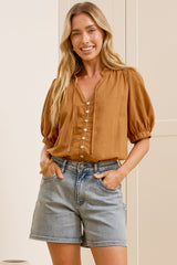 Alettie Blouse - Frill Collar Balloon Sleeve Button Down in Caramel