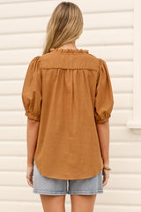 Alettie Blouse - Frill Collar Balloon Sleeve Button Down in Caramel