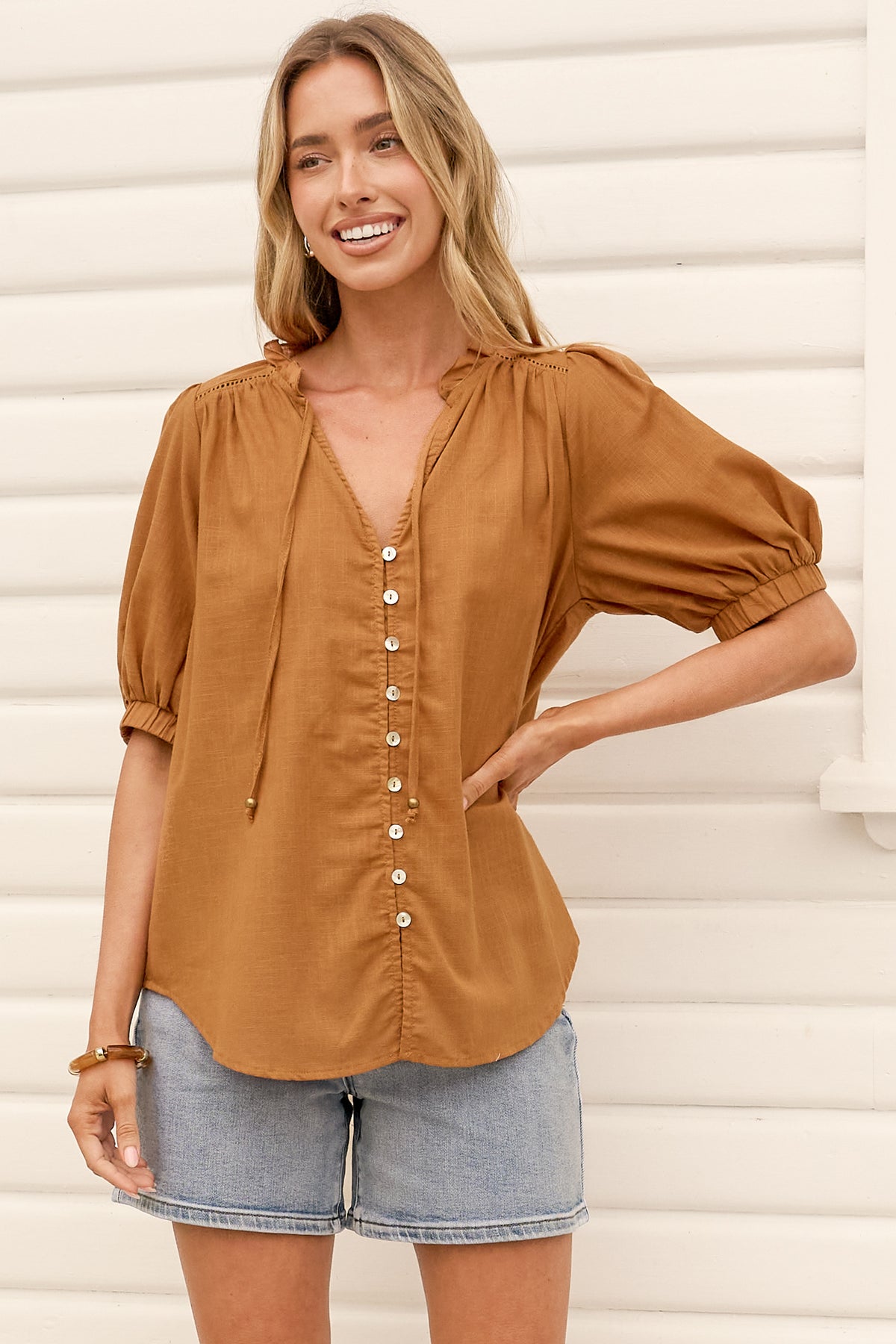 Alettie Blouse - Frill Collar Balloon Sleeve Button Down in Caramel