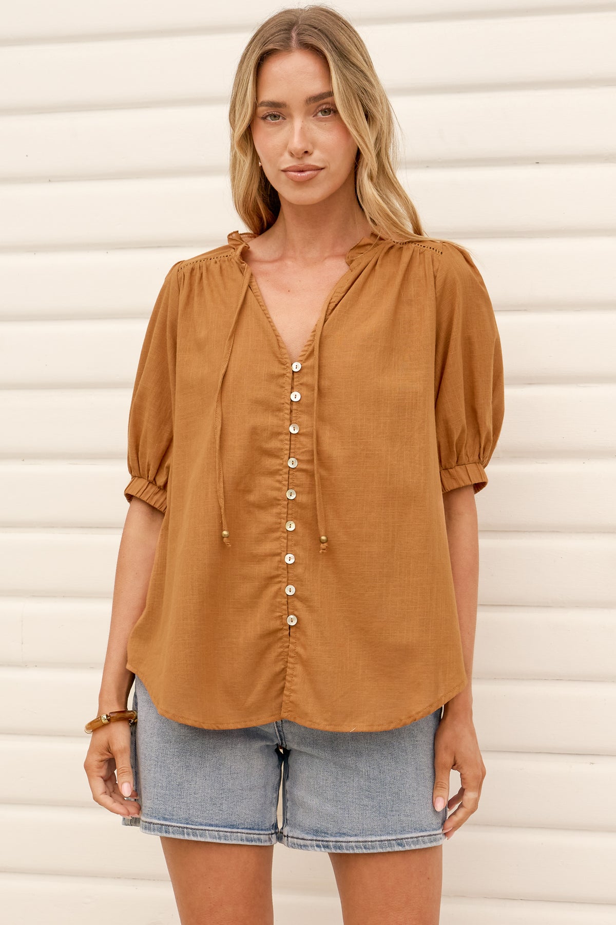 Alettie Blouse - Frill Collar Balloon Sleeve Button Down in Caramel