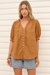 Alettie Blouse - Frill Collar Balloon Sleeve Button Down in Caramel