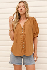 Alettie Blouse - Frill Collar Balloon Sleeve Button Down in Caramel