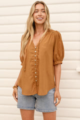 Alettie Blouse - Frill Collar Balloon Sleeve Button Down in Caramel