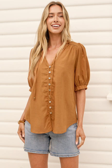 Alettie Blouse - Frill Collar Balloon Sleeve Button Down in Caramel