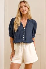 Alettie Blouse - Frill Collar Balloon Sleeve Button Down in Navy