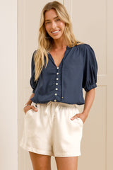 Alettie Blouse - Frill Collar Balloon Sleeve Button Down in Navy