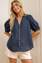 Alettie Blouse - Frill Collar Balloon Sleeve Button Down in Navy