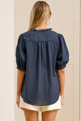 Alettie Blouse - Frill Collar Balloon Sleeve Button Down in Navy