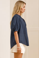 Alettie Blouse - Frill Collar Balloon Sleeve Button Down in Navy