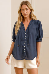 Alettie Blouse - Frill Collar Balloon Sleeve Button Down in Navy