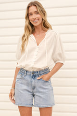 Alettie Blouse - Frill Collar Balloon Sleeve Button Down in White