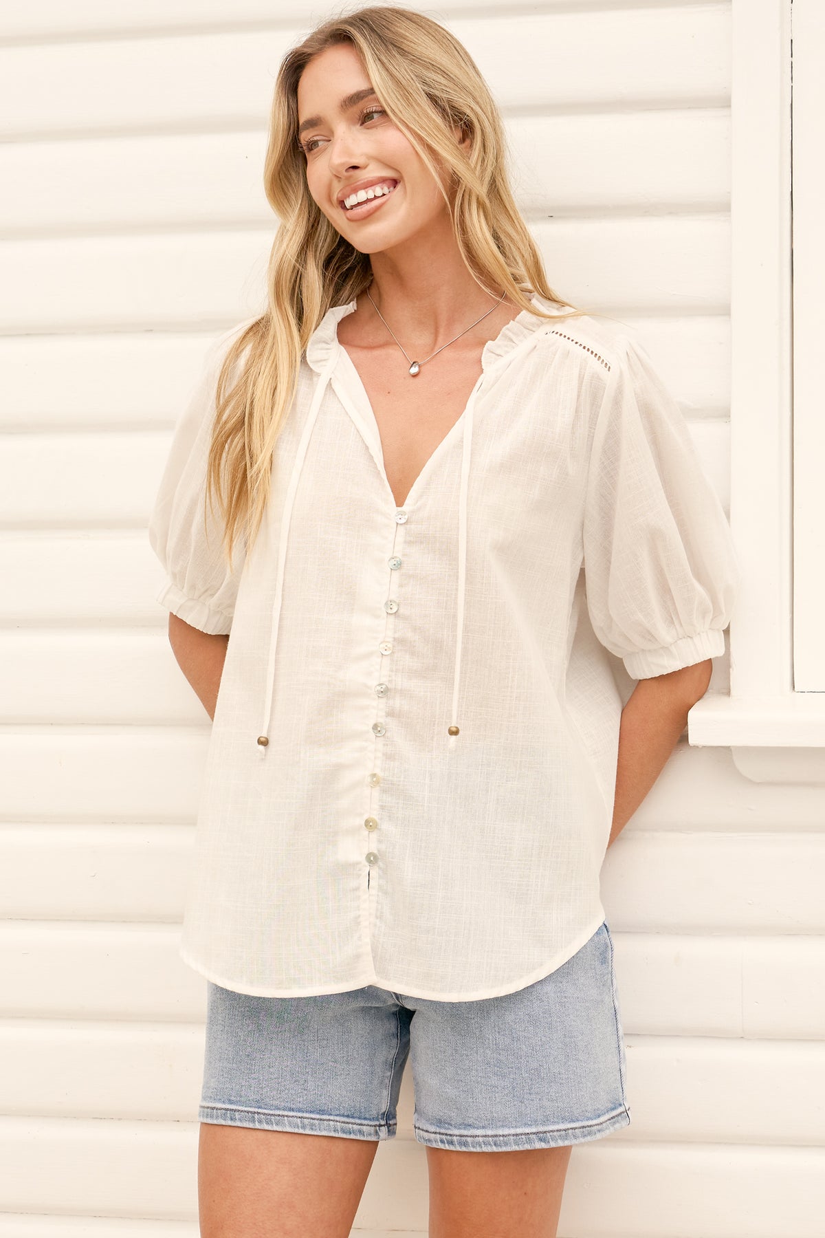 Alettie Blouse - Frill Collar Balloon Sleeve Button Down in White