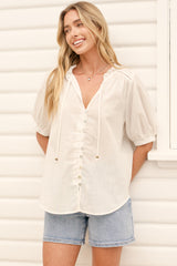 Alettie Blouse - Frill Collar Balloon Sleeve Button Down in White