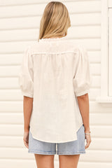 Alettie Blouse - Frill Collar Balloon Sleeve Button Down in White