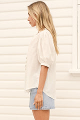 Alettie Blouse - Frill Collar Balloon Sleeve Button Down in White