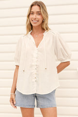 Alettie Blouse - Frill Collar Balloon Sleeve Button Down in White
