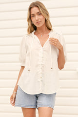 Alettie Blouse - Frill Collar Balloon Sleeve Button Down in White
