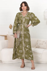 Arlette Midi Dress - Button Down Long Sleeve Dress with Matching Belt in Saad Print