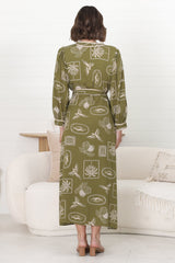 Arlette Midi Dress - Button Down Long Sleeve Dress with Matching Belt in Saad Print