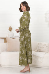 Arlette Midi Dress - Button Down Long Sleeve Dress with Matching Belt in Saad Print