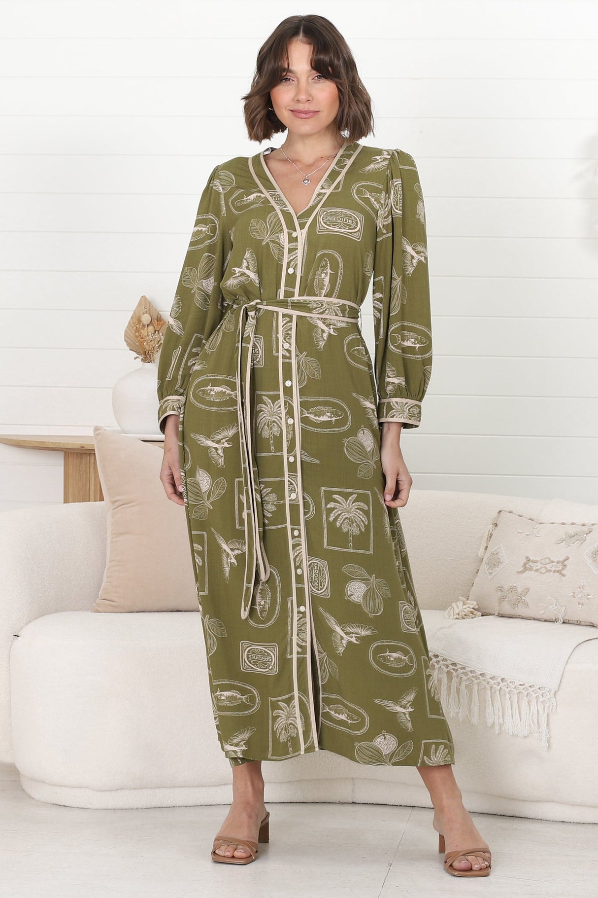 Arlette Midi Dress - Button Down Long Sleeve Dress with Matching Belt in Saad Print