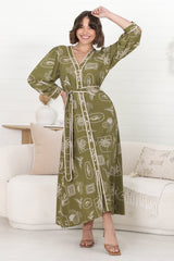 Arlette Midi Dress - Button Down Long Sleeve Dress with Matching Belt in Saad Print